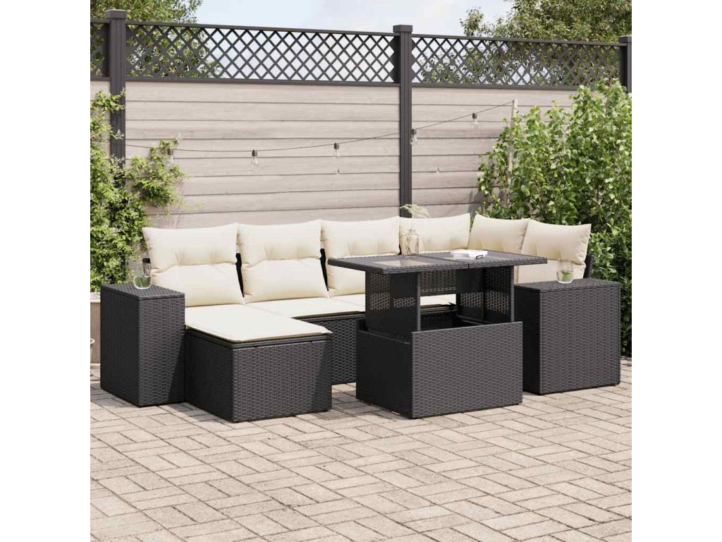 7-piece garden furniture set with cushions, black woven resin CSDS08400