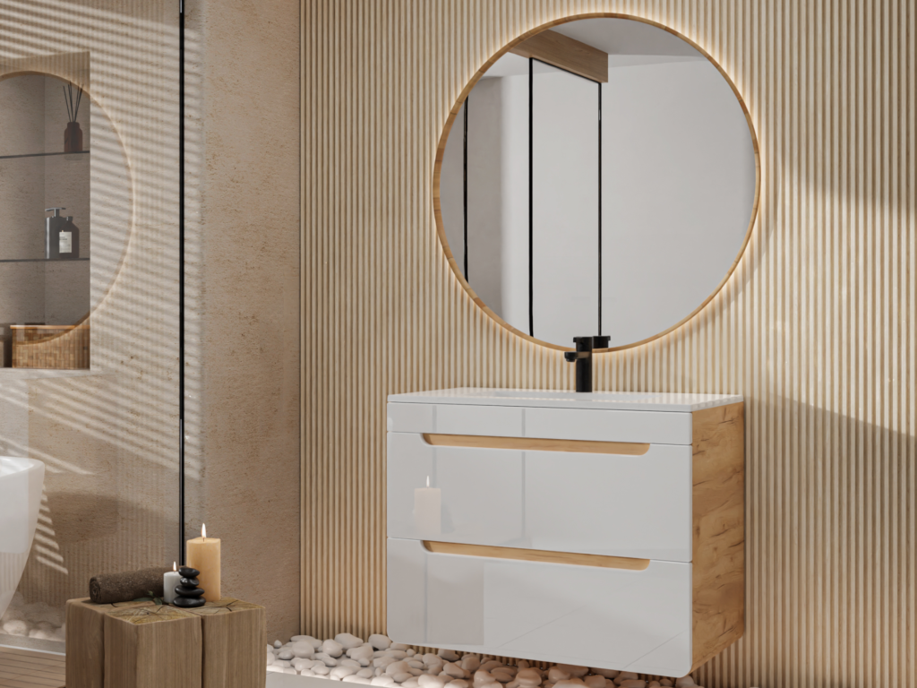Wall-hung vanity unit in natural and white - 80 cm - Ventoriq LLYP56468