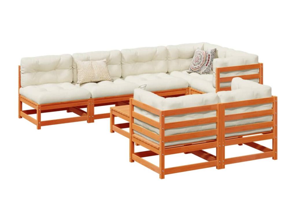 8-piece garden furniture set with cushions, brown wax, solid pine wood XCYY65793