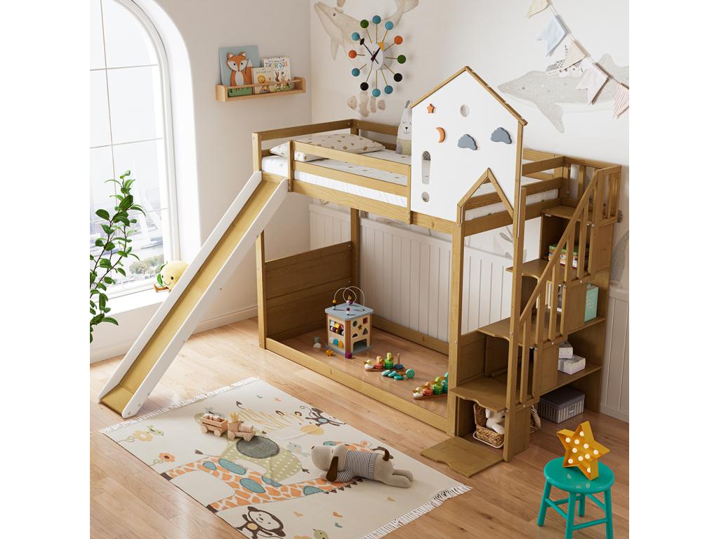 Children's bunk bed 90x200 cm single bed with corner staircase, roof and window, 3 storage compartments on the staircase, white, natural colors LVUA79605