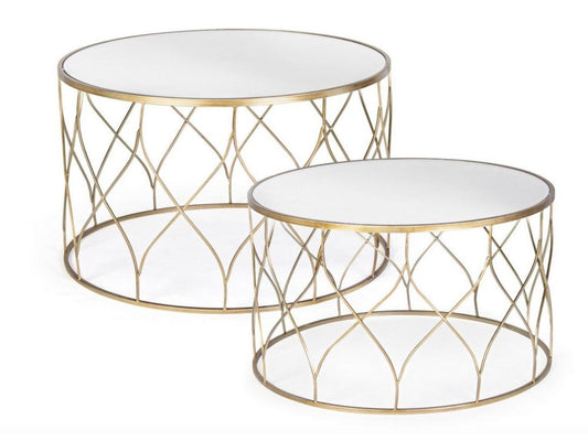 Set of 2 round coffee tables in gold-tone steel and mirror, Ventoriq AHCO66731