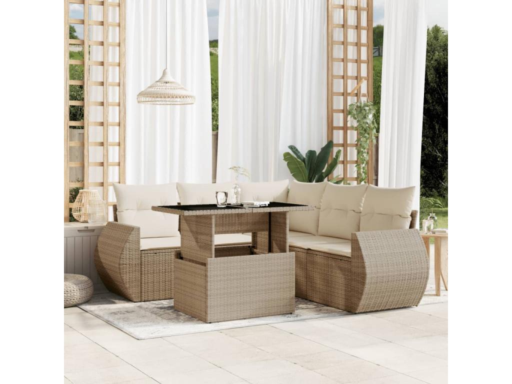 Garden furniture set with cushions, 6 pieces, beige woven resin, OKQP61298