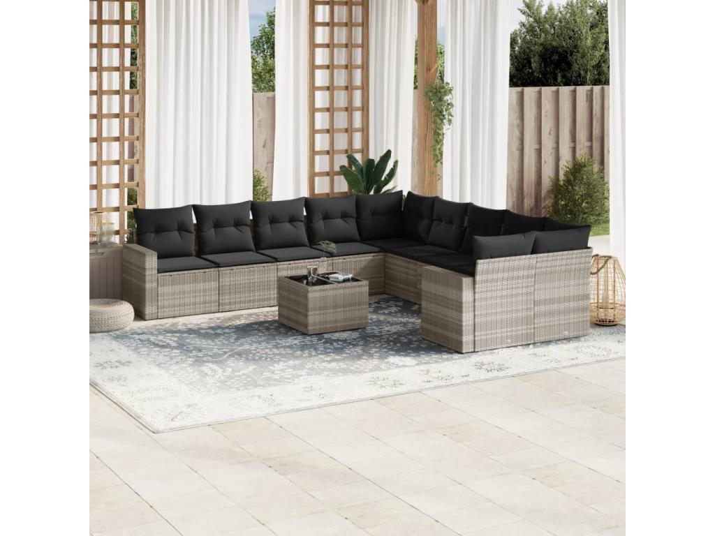 11-piece garden furniture set with light grey cushions, woven resin NUFS11345
