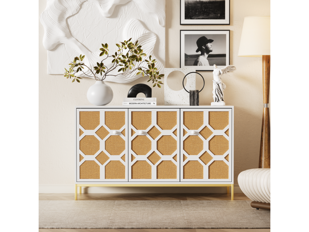 Elegant 3-door sideboard decorated in textured rattan with gold legs SCAEZOIX PMRH74908