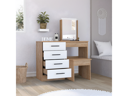 Ventoriq Mirrored Vanity Table with 4 Drawers and Seat Included, 126.7 cm W x 100 cm L x 42.5 cm D, White/Grey, SHEE42486
