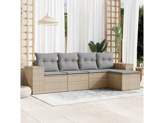 5-piece garden furniture set with cushions, beige woven resin KLZW88732