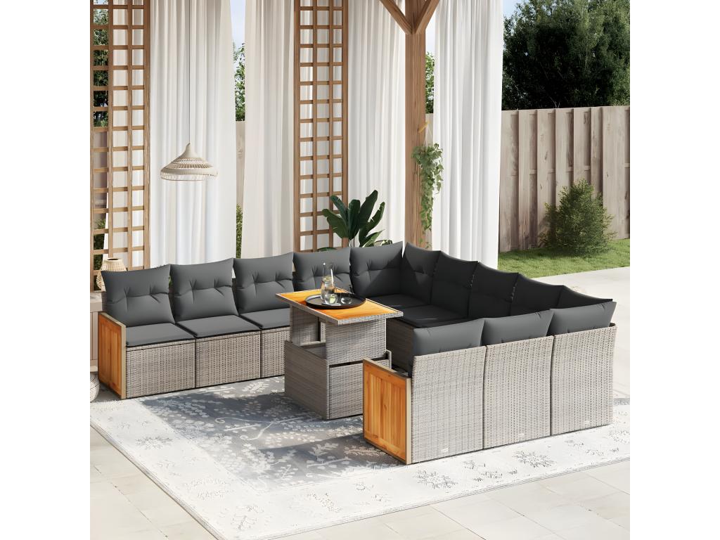 11-piece garden furniture set with grey resin wicker cushions LEEF59368