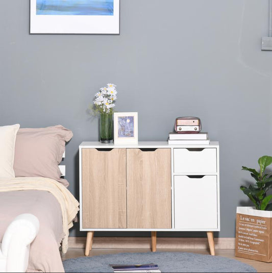 Scandinavian design sideboard with 2 cupboards, sliding drawer, solid pine wood legs, white and light oak particleboard panels QQRH06263