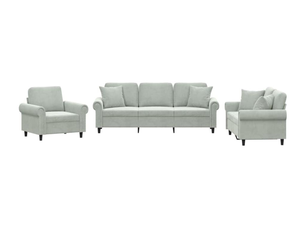 3-piece sofa set with light grey velvet cushions EEMM12592