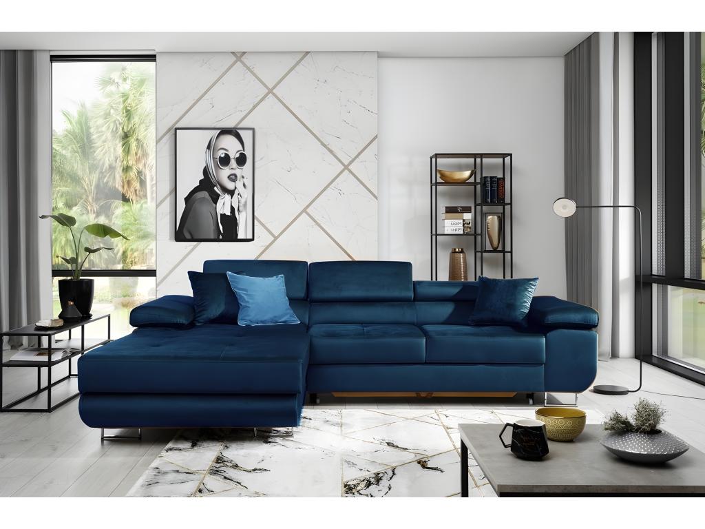 Ventoriq 5-seater luxury velvet corner sofa bed in dark blue with storage, left-hand corner (front view) CREI67036