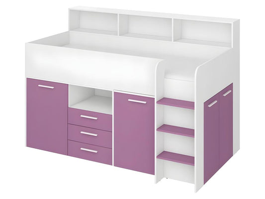 Mezzanine bed 80x200cm with ladder, wardrobe, removable desk, bookcase and shelves, Ventoriq P White/Lavender VMXX87789