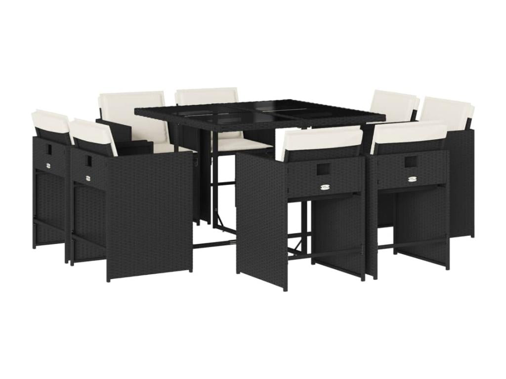 9-piece garden dining set with cushions, black resin wicker WEHJ74190