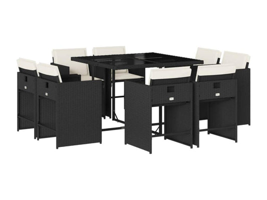 9-piece garden dining set with cushions, black resin wicker WEHJ74190