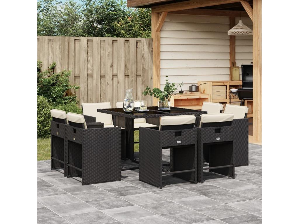 9-piece garden dining set with cushions, black resin wicker WEHJ74190