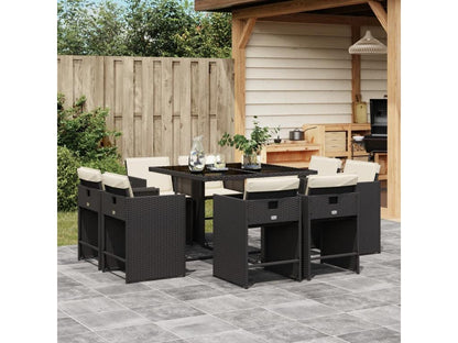 9-piece garden dining set with cushions, black resin wicker WEHJ74190