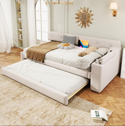 90x200cm sofa bed with slatted base, Lumenao folding storage compartment, USB-C type, beige linen, CYOU01792
