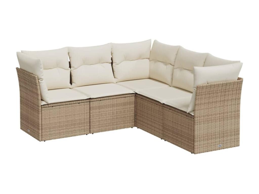 5-piece garden furniture set with cushions, beige woven resin, UQIX33382