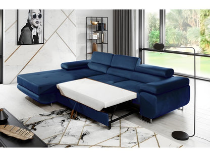 Ventoriq 5-seater luxury velvet corner sofa bed in dark blue with storage, left-hand corner (front view) CREI67036