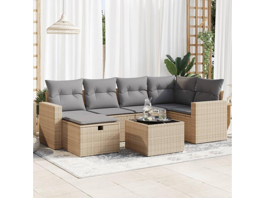 7-piece garden furniture set with cushions, beige woven resin OMCO37668