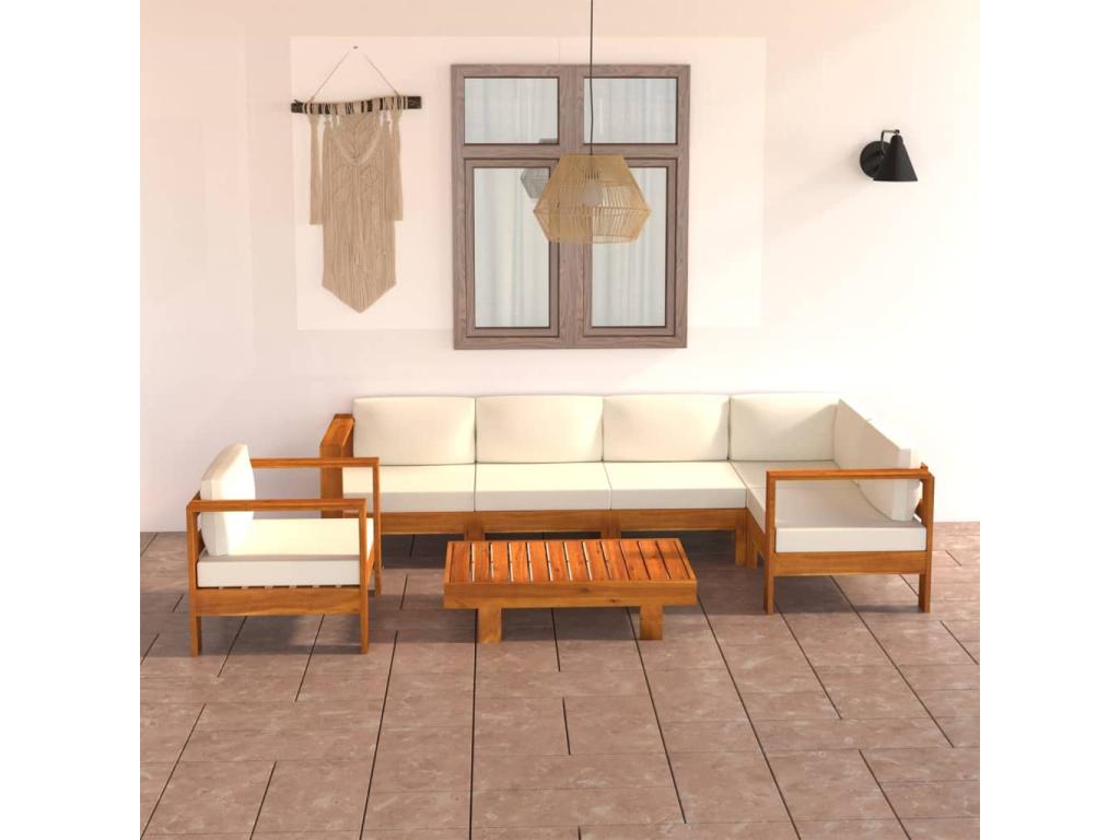 7-piece garden furniture set with cream-white cushions, Bois d'Boislis CRFJ70497