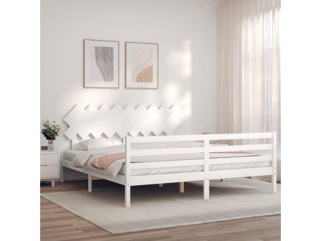Super Ventoriq Size White Bed Frame with Headboard, Solid Wood LWOD10073