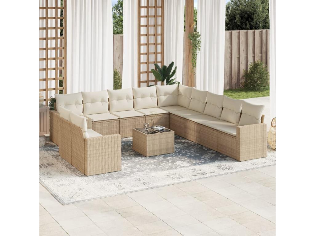 12-piece beige resin wicker garden furniture set with cushions PGCY38364