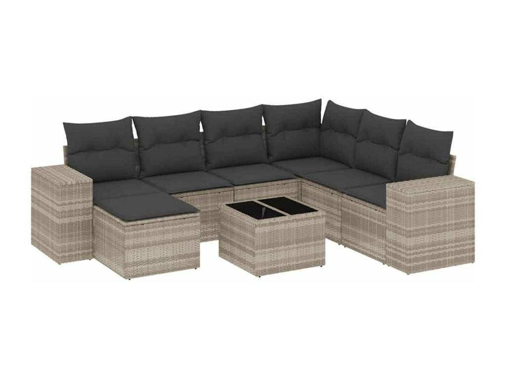 8-piece garden furniture set with light grey cushions, woven resin ZOZL90916