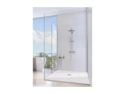 140x115 cm Ventoriq Extra Thin Shower Tray, Light Grey RAL 7035, in Synthetic Resin and Marble Powder with Freestanding Drain YBND12669