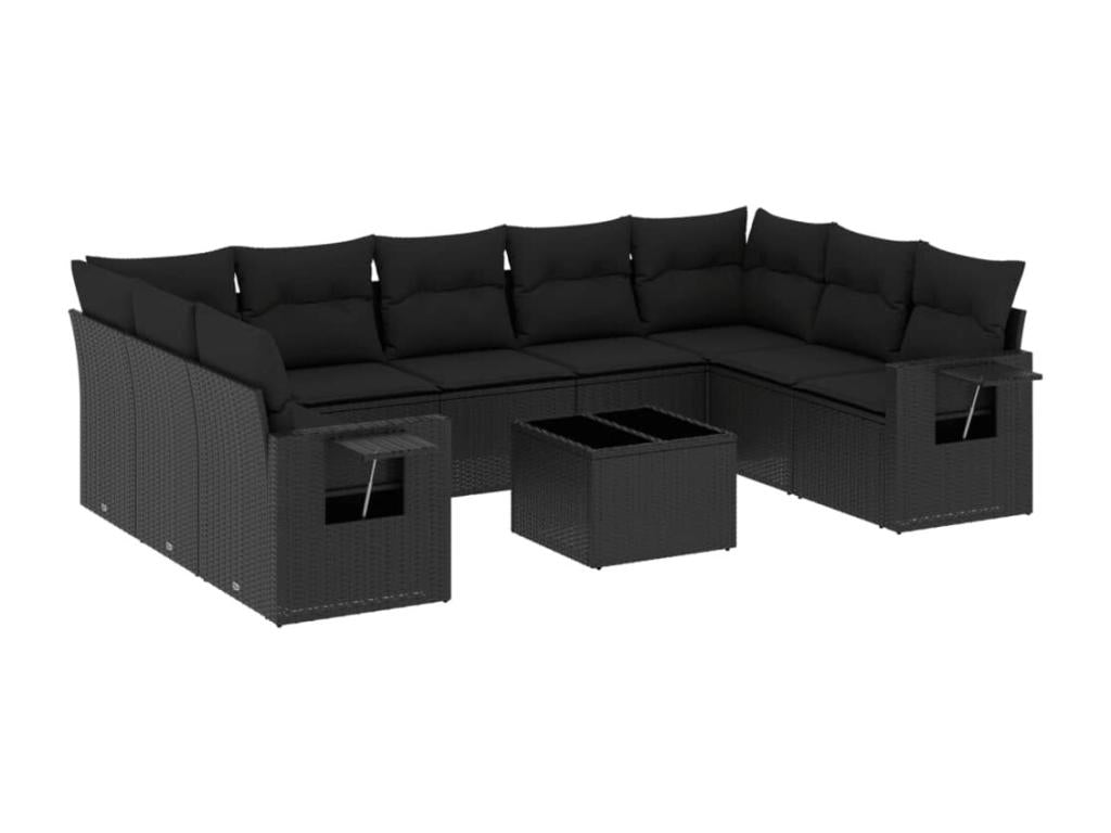 10-piece garden furniture set with cushions, black woven resin ELMO59441