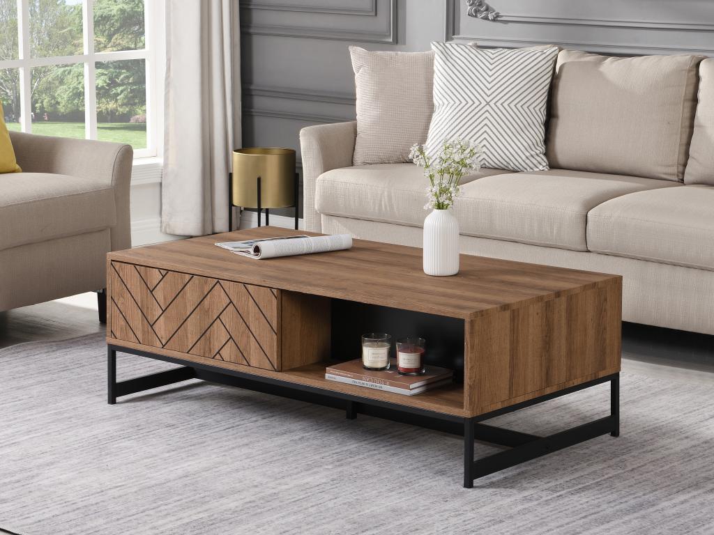 Coffee table with 2 drawers and 2 shelves - MDF - Natural and black - Ventoriq UYJC80321