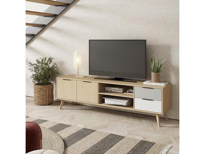 Ventoriq - 180cm TV Stand with 2 Doors and 2 Drawers, Scandinavian Style, Solid Pine, Grey, White and Oak Effect LPAD02038