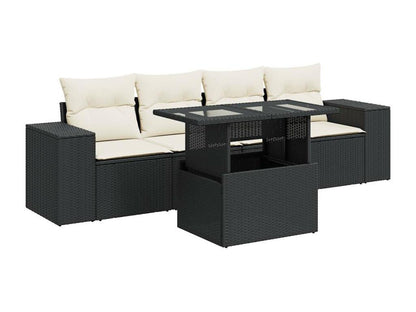 5-piece garden furniture set with cushions, black woven resin YXEM50672