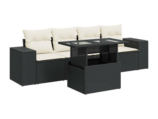 5-piece garden furniture set with cushions, black woven resin YXEM50672