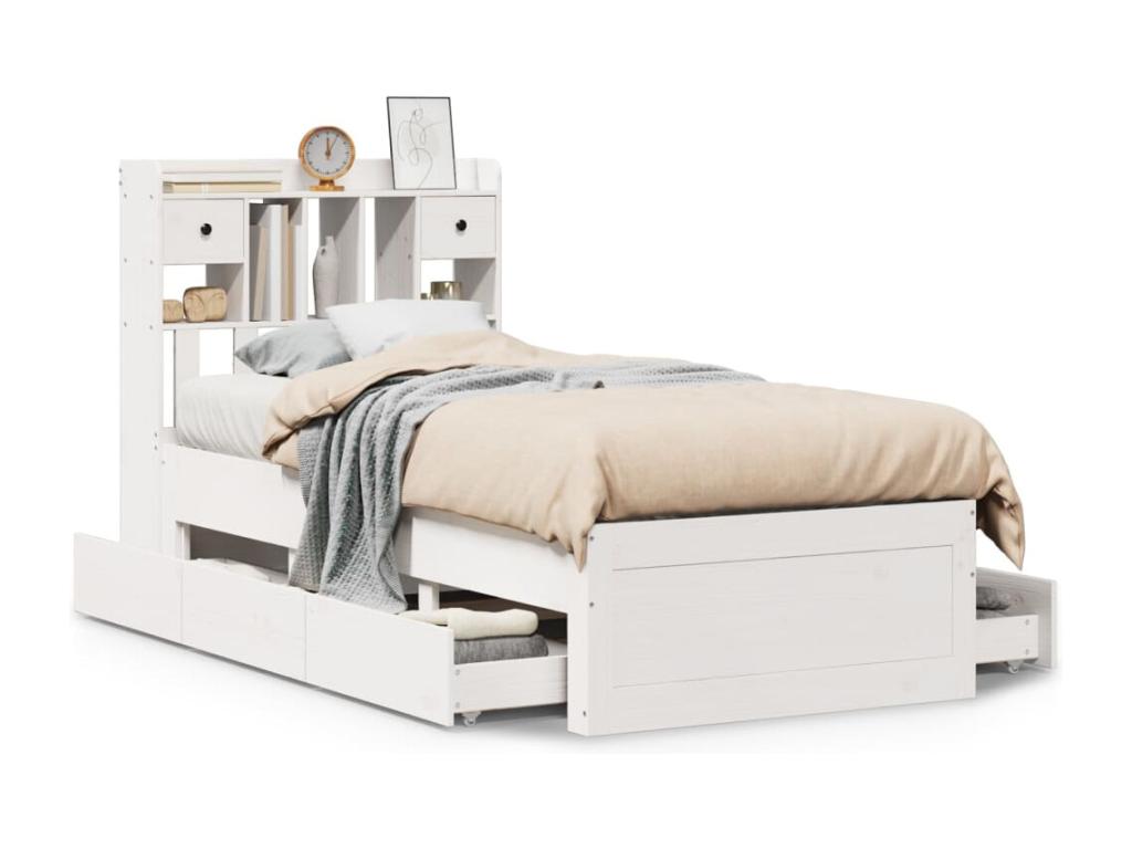White bookcase bed without mattress, 75x190cm, solid pine wood, YDFZ93516