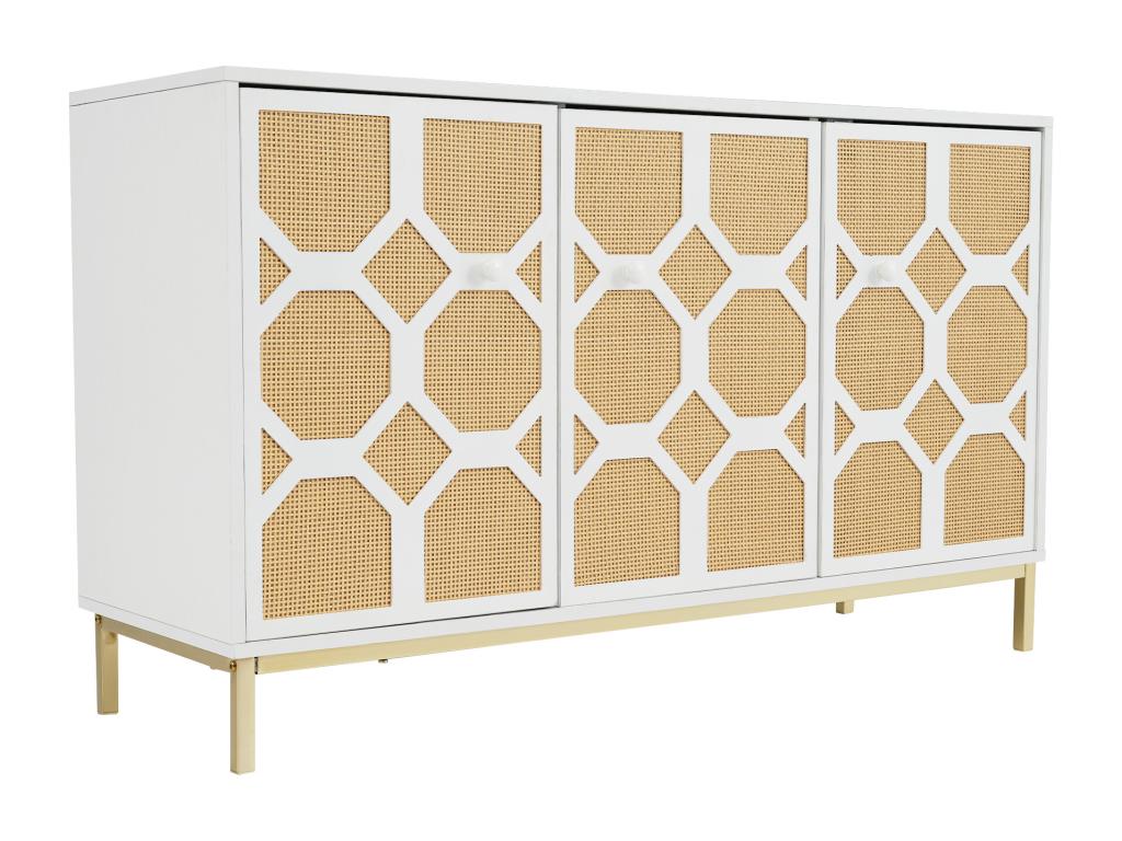 Elegant 3-door sideboard decorated in textured rattan with gold legs SCAEZOIX PMRH74908