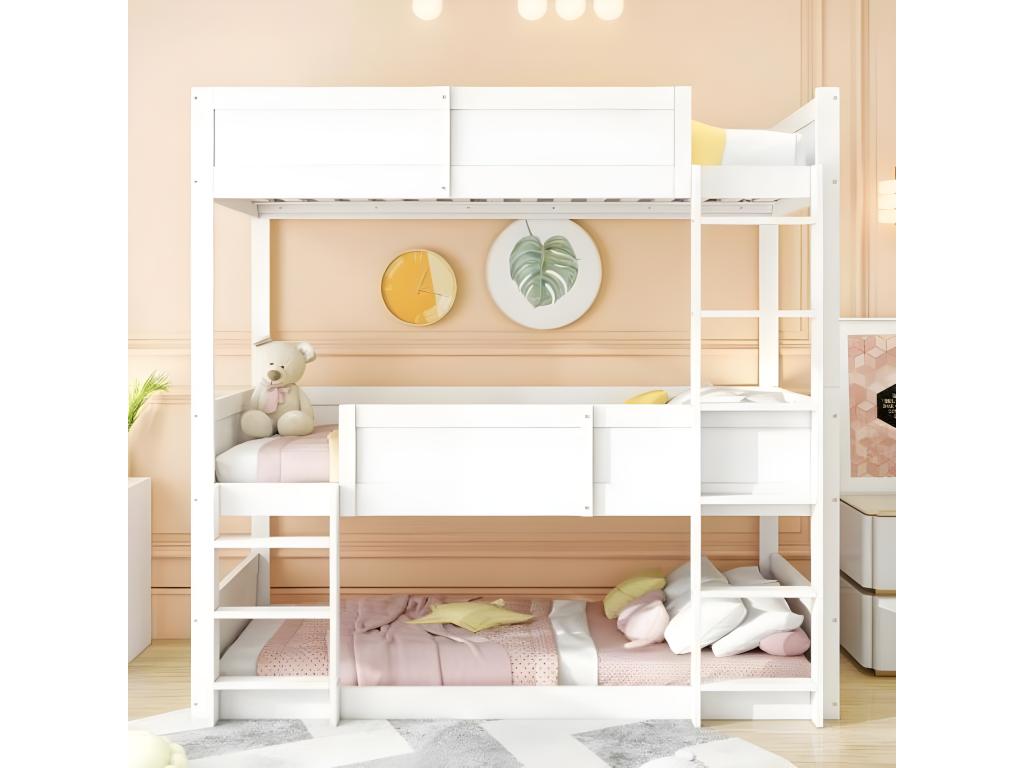 Bunk bed 3x90x200 cm in solid wood - with 2 Ventoriq slatted bases - White PETS86491