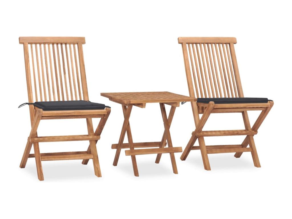 Folding outdoor dining set with cushions, 3 pieces, teak, QRXA98826