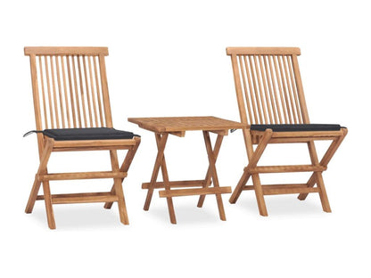 Folding outdoor dining set with cushions, 3 pieces, teak, QRXA98826