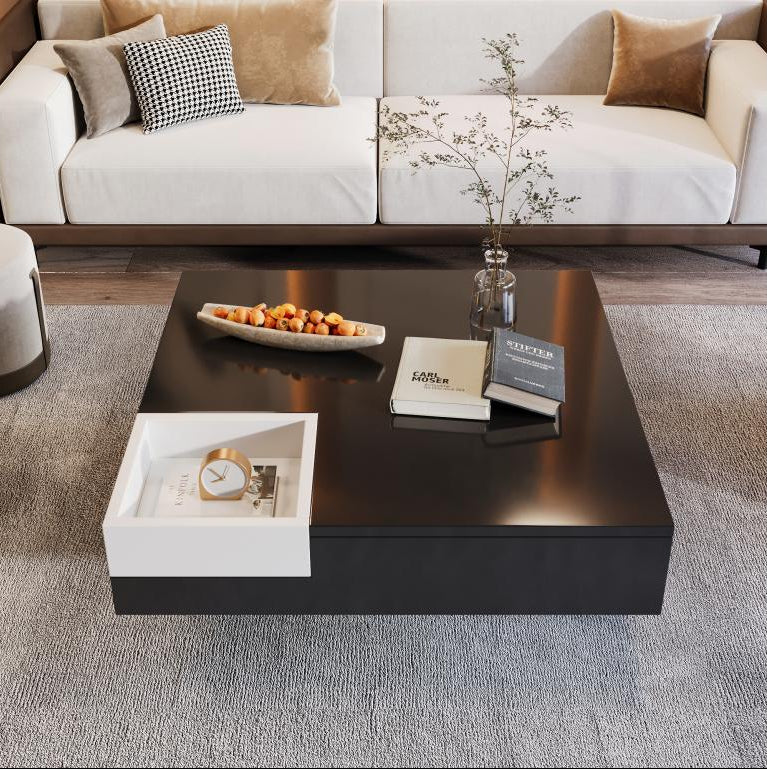 Square coffee table with storage box - 72x72x30 cm - LEDs - Particleboard - Black and white IAHW90578