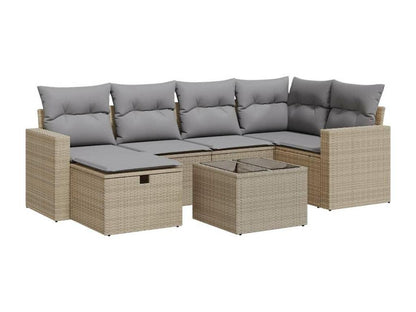 7-piece garden furniture set with cushions, beige woven resin OMCO37668