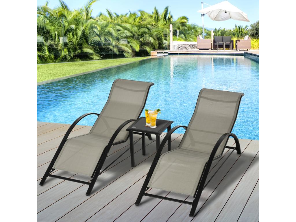 Set of 2 contemporary design sun loungers with coffee table, tempered glass top, epoxy-coated metal and beige textilene SBPG10630