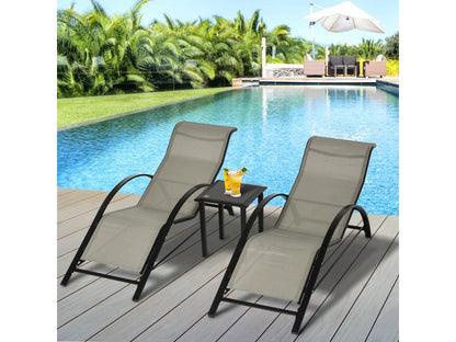 Set of 2 contemporary design sun loungers with coffee table, tempered glass top, epoxy-coated metal and beige textilene SBPG10630