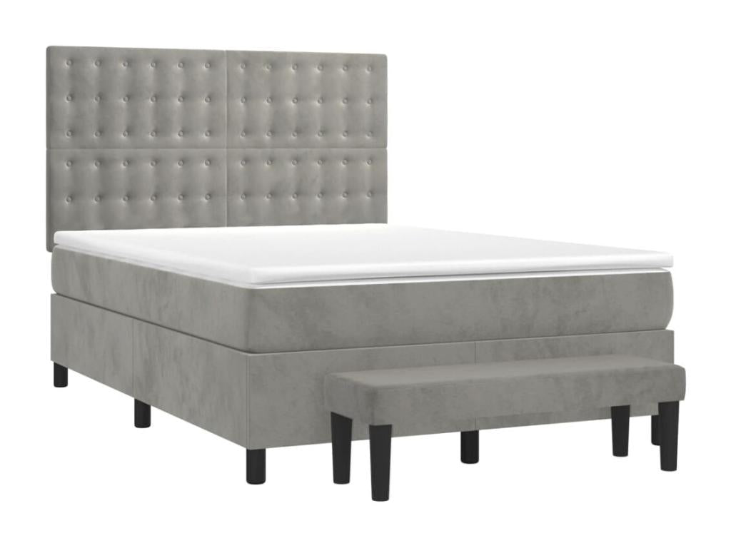 Upholstered bed base and mattress, light grey, 140x190cm, velvet, MXEB58905