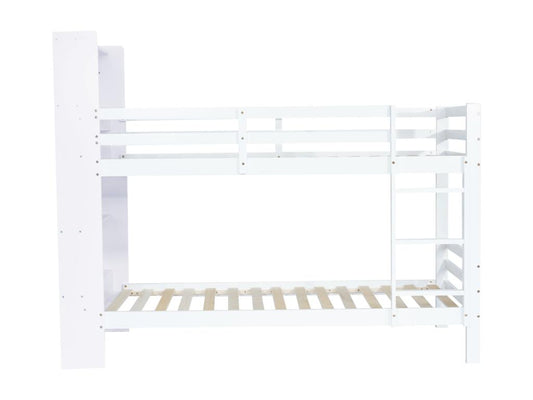 Bunk bed 90x200 cm with storage shelves and 3-step ladder at right angle, solid wood bed frame with bookcase - White SMCS55850