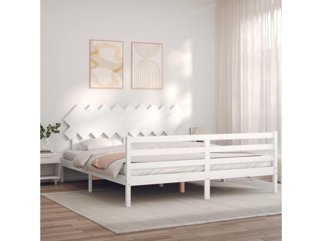 Super Ventoriq Size White Bed Frame with Headboard, Solid Wood LWOD10073