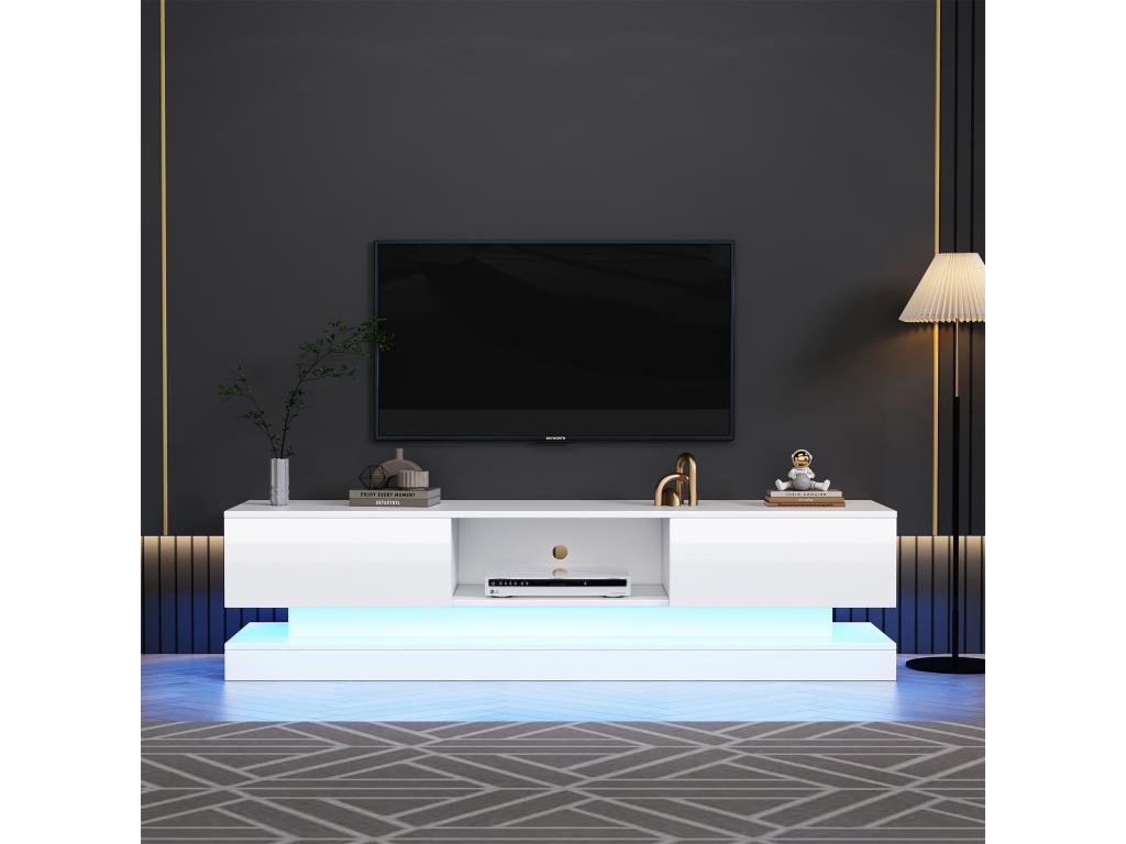 TV stand with 2 drawers and open compartment - 160x35x40.5 cm - LEDs - Particleboard - Glossy white IMWW95036
