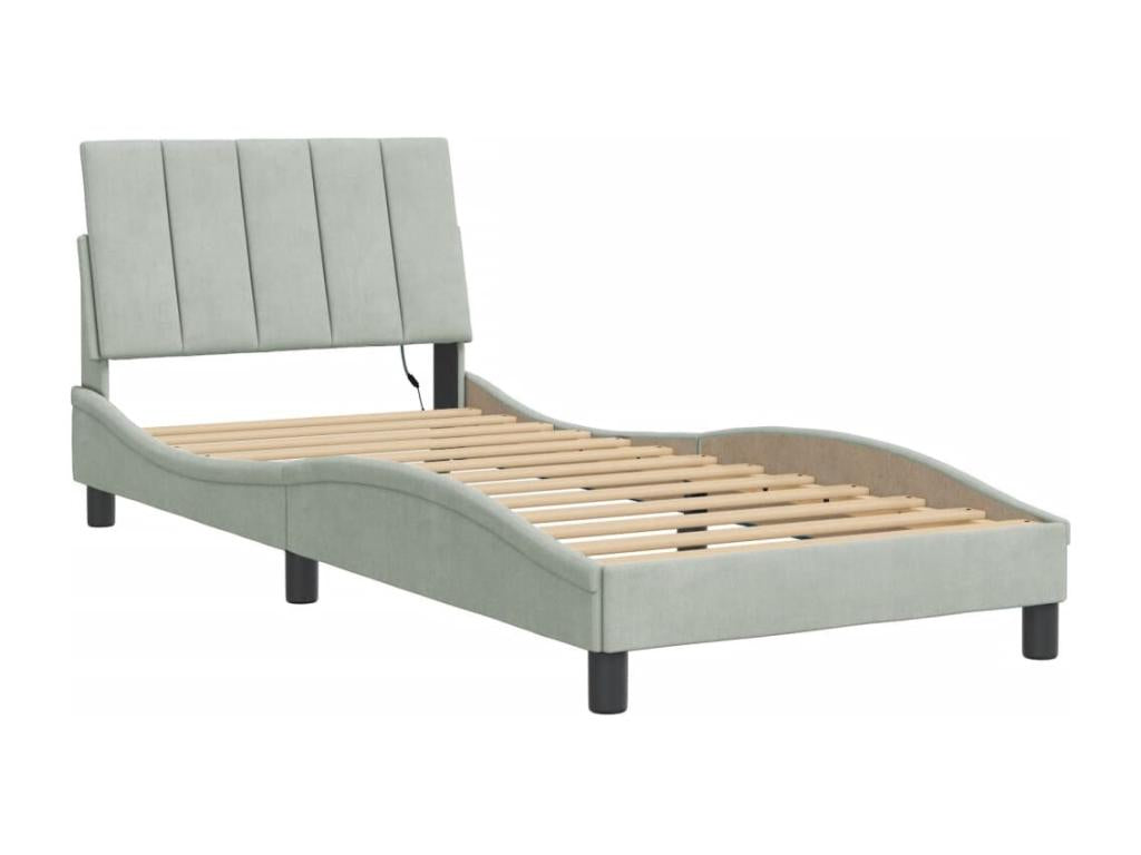 Bed frame with LED lighting, mattress not included, light grey, 90x200 cm, velvet, HWTG97456