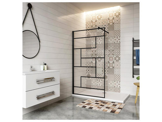 Walk-in shower screen 140x200cm with square black support bar, 8mm anti-limescale glass, modern style BYIS16279