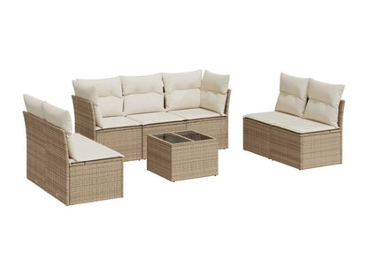 8-piece garden furniture set with cushions, beige woven resin QNYS28105