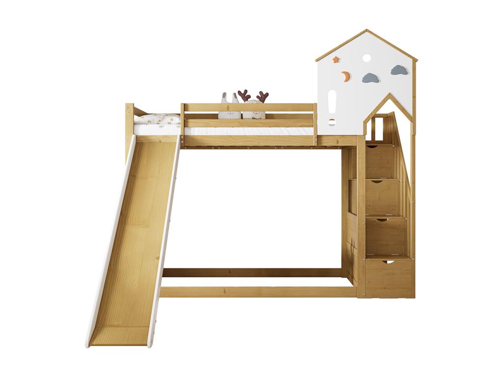 Children's bunk bed 90x200 cm single bed with corner staircase, roof and window, 3 storage compartments on the staircase, white, natural colors LVUA79605